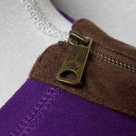 RALPH Lauren Purple Brown Faux Suede Elbow Patch Shoulder Zip Long Sleeve Top - Picture 5 of 13